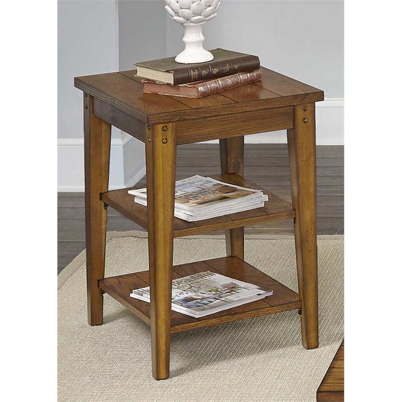 Pemberly Row Contemporary Brass Tiered Table in Oak