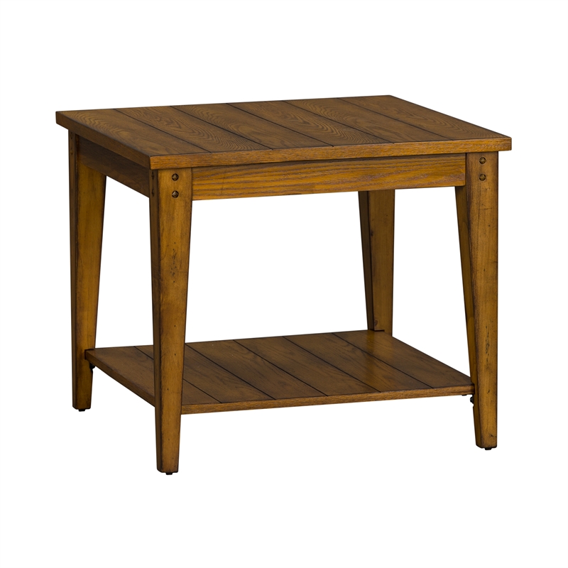 Pemberly Row Contemporary Brass Square Lamp Table in Oak