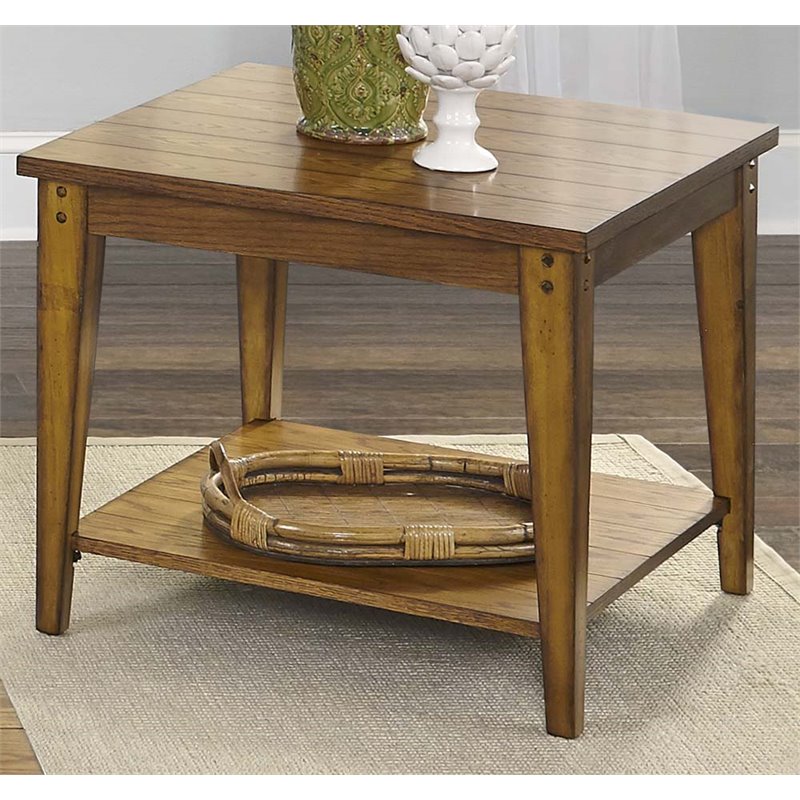 Pemberly Row Contemporary Brass Square Lamp Table in Oak