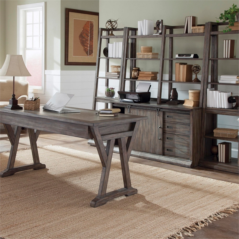 Pemberly Row Contemporary Wood Complete 3 Piece Desk in Mahogany