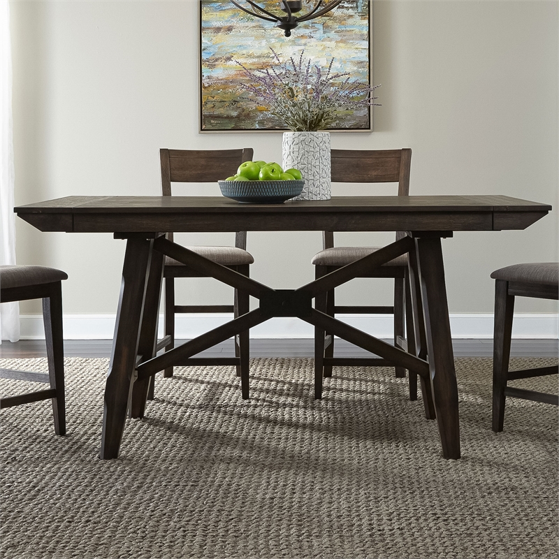 Pemberly Row Transitional Wood Trestle Gathering Table Top and Base in Chocolate