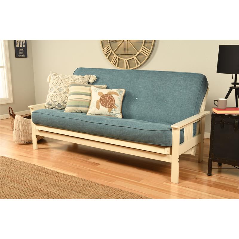 Pemberly Row Cotton and Foam Full Futon Mattress with Linen Blue Fabric Cover-Frame Not Included