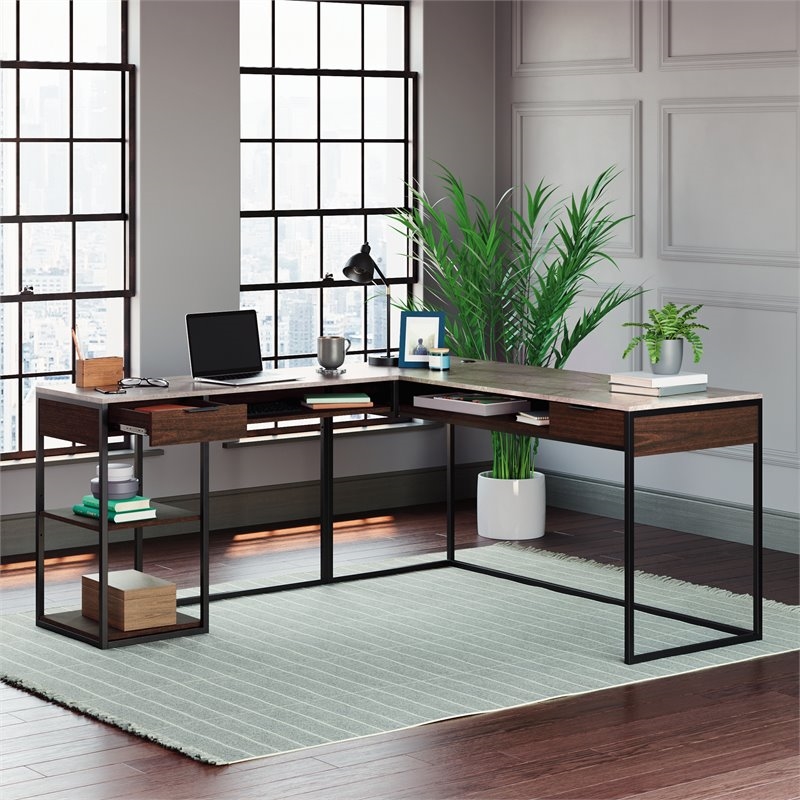 Pemberly Row Contemporary Engineered Wood L-Shape Desk in Deco Stone Gray
