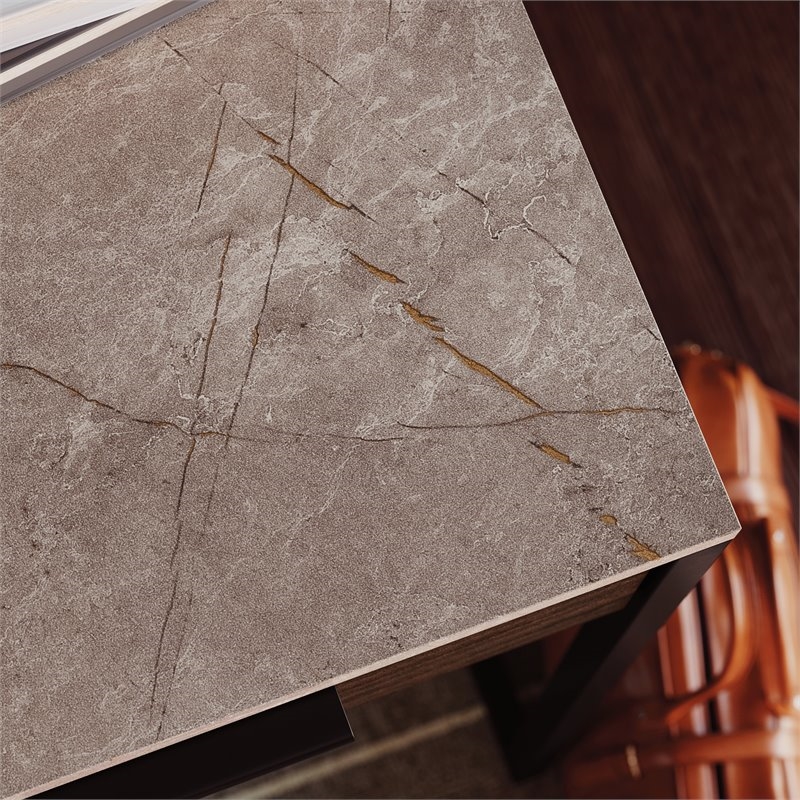 Pemberly Row Contemporary Engineered Wood L-Shape Desk in Deco Stone Gray
