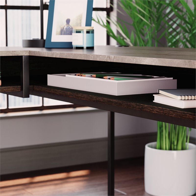 Pemberly Row Contemporary Engineered Wood L-Shape Desk in Deco Stone Gray