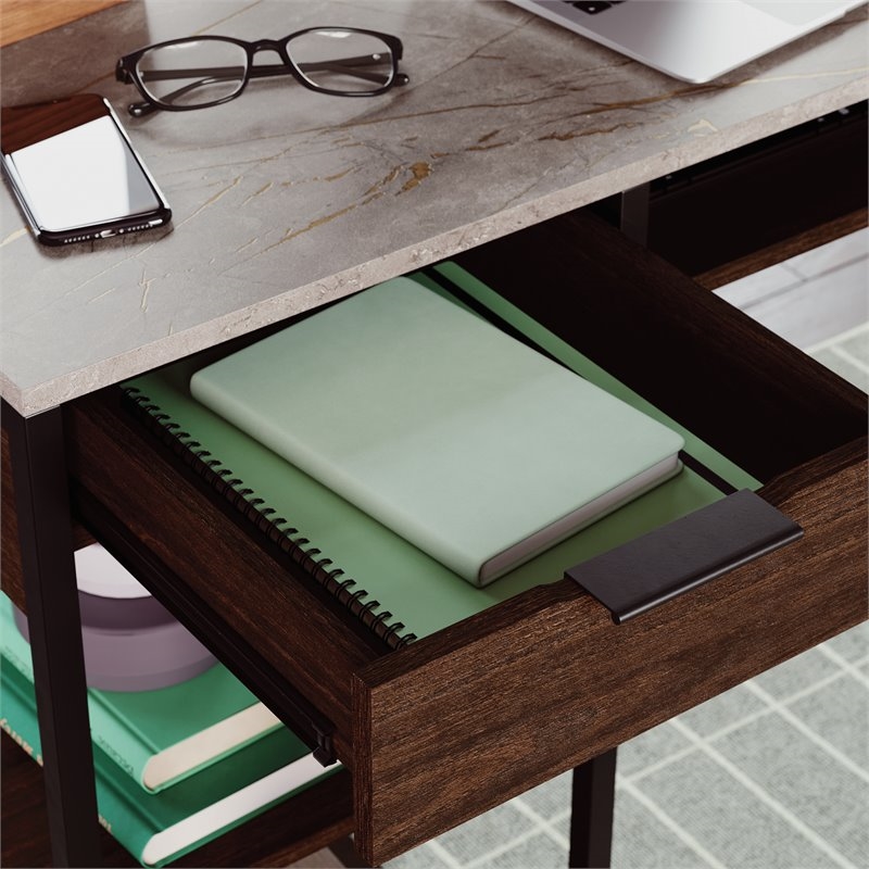 Pemberly Row Contemporary Engineered Wood L-Shape Desk in Deco Stone Gray