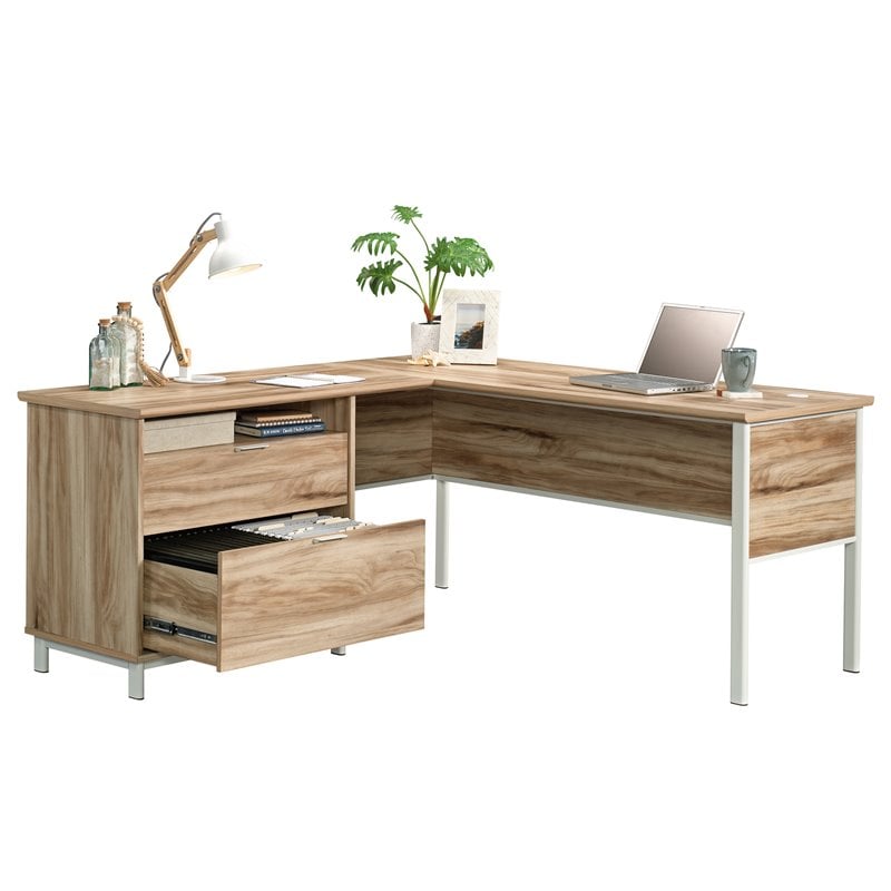 Pemberly Row Engineered Wood L-Shape Desk in Kiln Acacia Brown