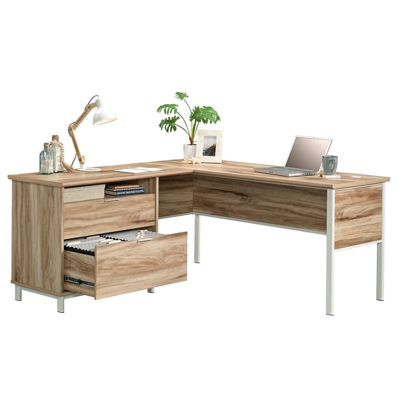 Pemberly Row Engineered Wood L-Shape Desk in Kiln Acacia Brown