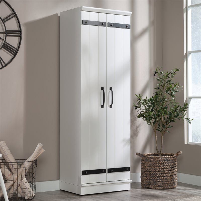 Pemberly Row 2-Barn Door Engineered Wood Narrow Storage Cabinet in White