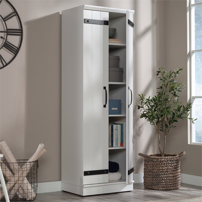 Pemberly Row 2-Barn Door Engineered Wood Narrow Storage Cabinet in White