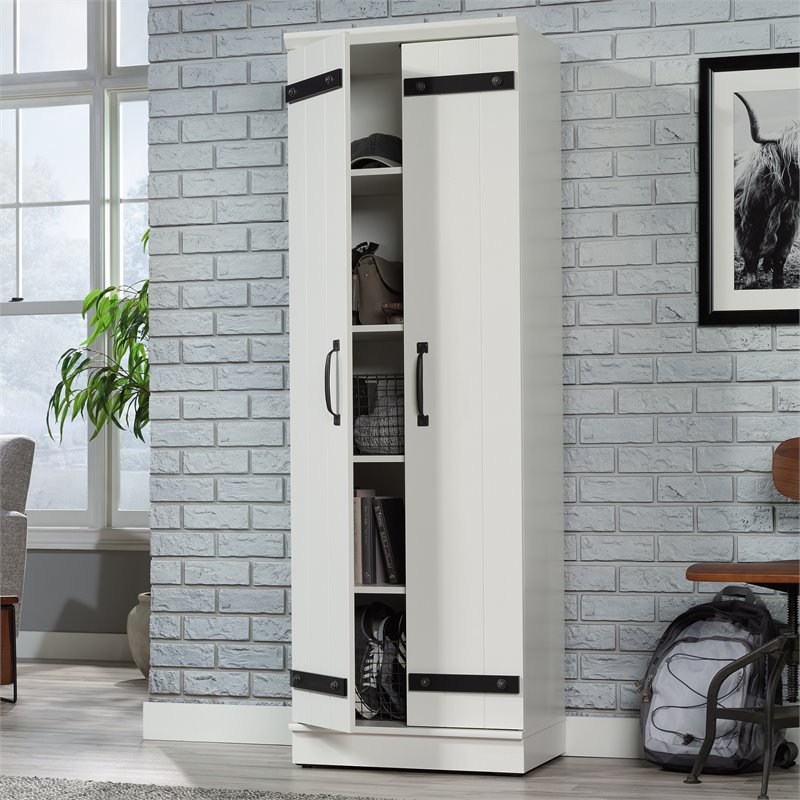 Pemberly Row 2-Barn Door Engineered Wood Narrow Storage Cabinet in White
