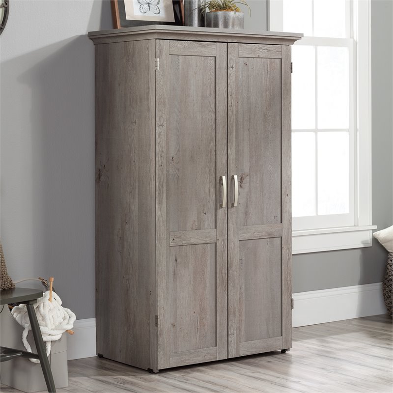Pemberly Row Contemporary Engineered Wood Storage Craft Armoire in Oak