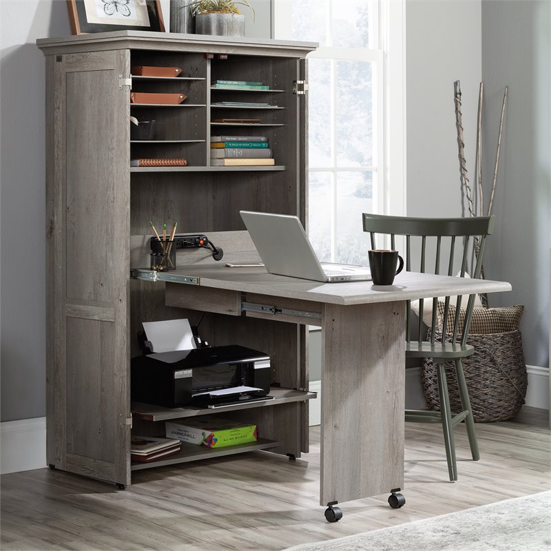 Pemberly Row Contemporary Engineered Wood Storage Craft Armoire in Oak