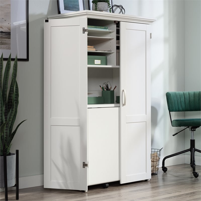 Pemberly Row Modern Engineered Wood Multi-Purpose Storage Craft Armoire in White