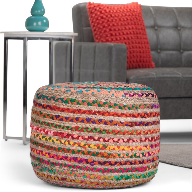 Pemberly Row Contemporary Round Pouf in Multi-Color Braided Jute and Cotton