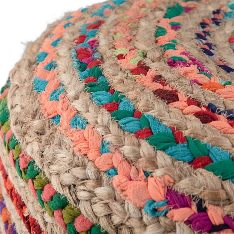 Pemberly Row Contemporary Round Pouf in Multi-Color Braided Jute and Cotton