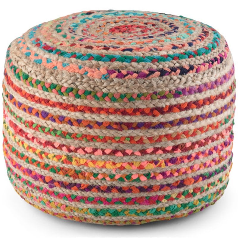 Pemberly Row Contemporary Round Pouf in Multi-Color Braided Jute and Cotton