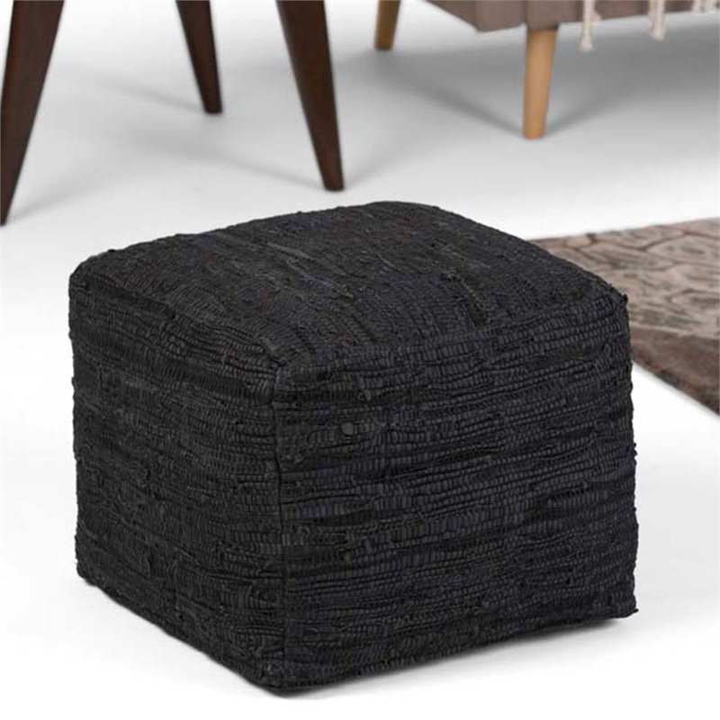 Pemberly Row Contemporary Boho Square Pouf in Black Woven Genuine Leather