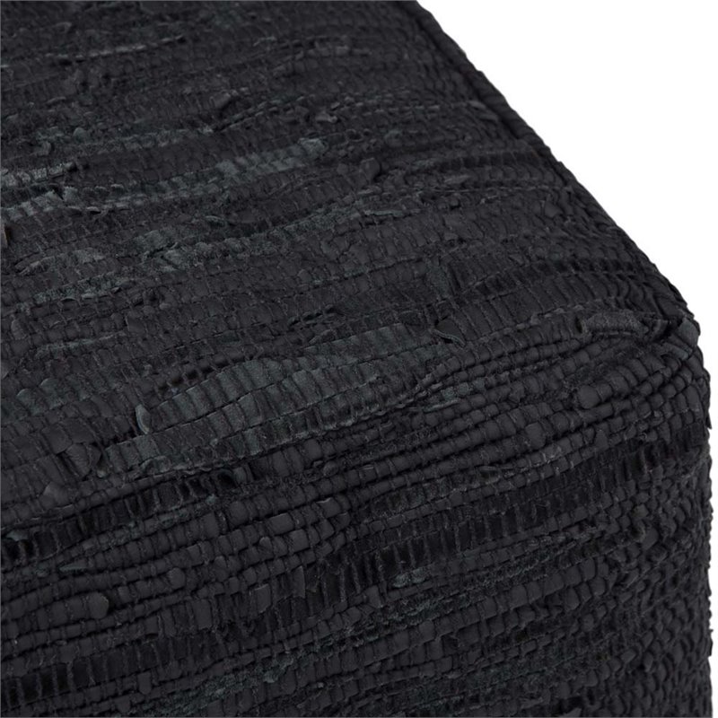 Pemberly Row Contemporary Boho Square Pouf in Black Woven Genuine Leather