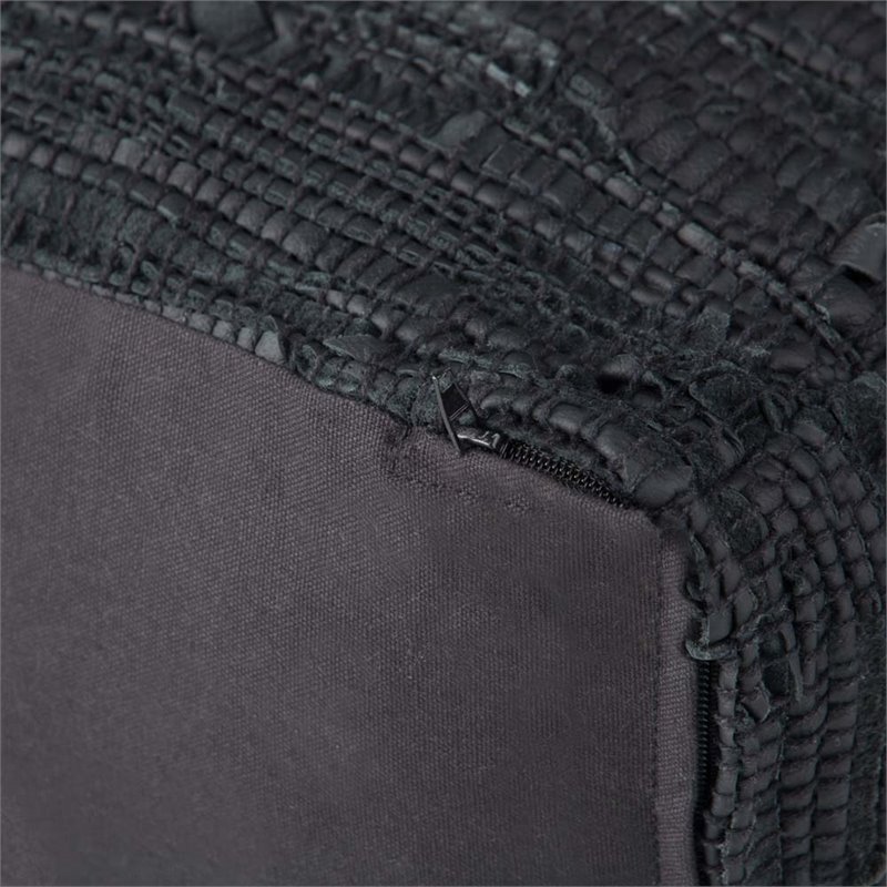 Pemberly Row Contemporary Boho Square Pouf in Black Woven Genuine Leather