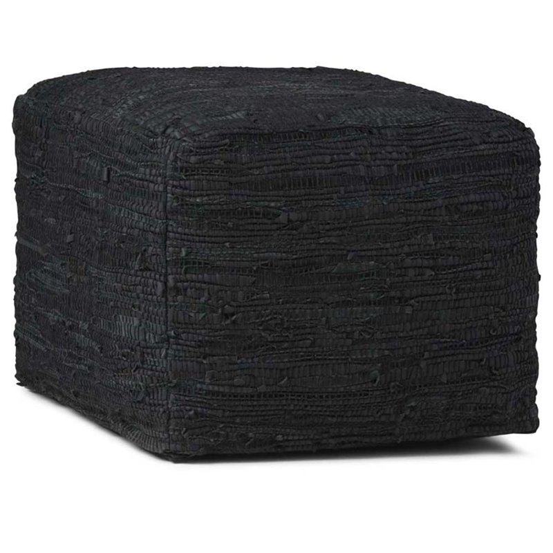 Pemberly Row Contemporary Boho Square Pouf in Black Woven Genuine Leather