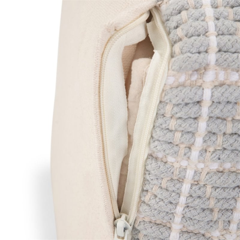 Pemberly Row Boho Square Pouf in Light Blue and White Handloom Woven Pattern