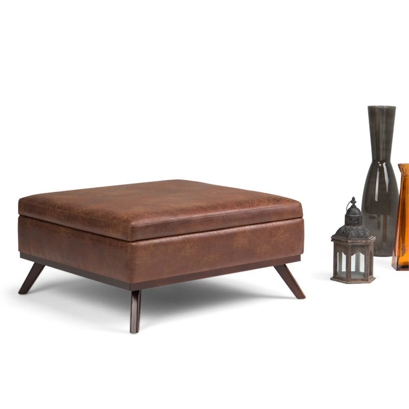 Pemberly Row Faux Air Leather Square Coffee Table Ottoman in Saddle Brown