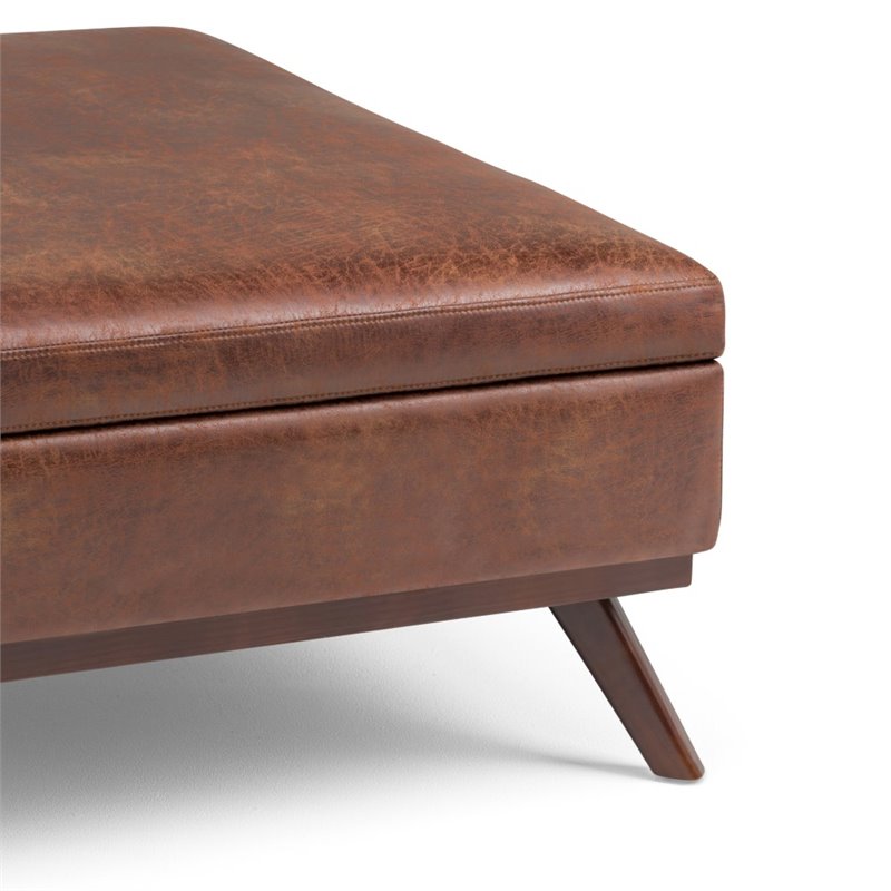 Pemberly Row Faux Air Leather Square Coffee Table Ottoman in Saddle Brown