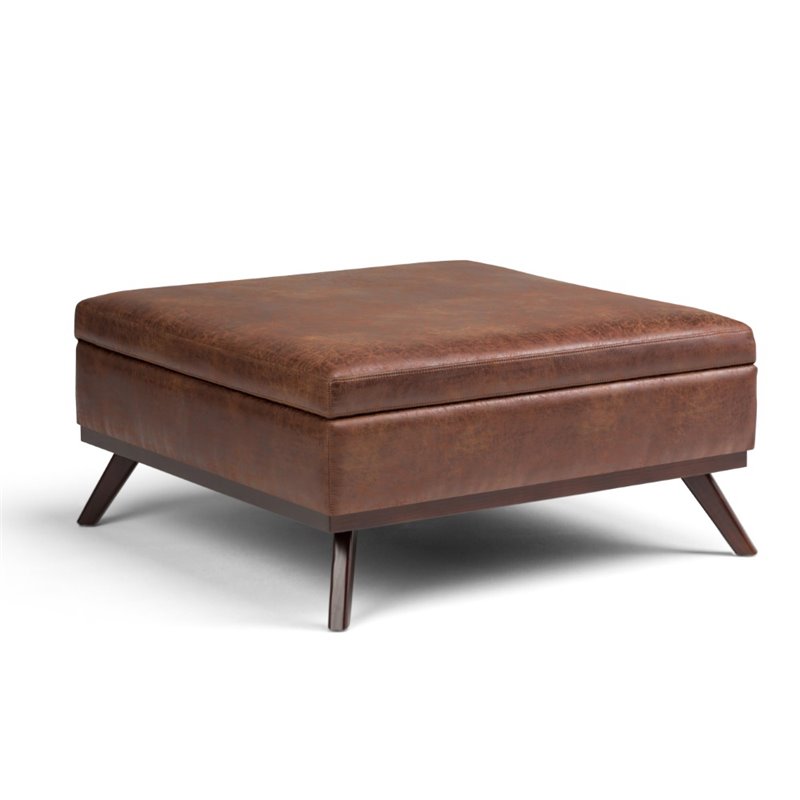 Pemberly Row Faux Air Leather Square Coffee Table Ottoman in Saddle Brown