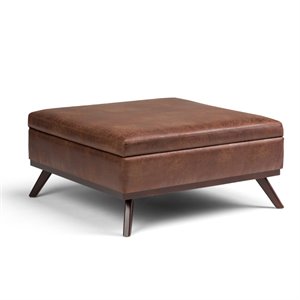 pemberly row faux air leather square coffee table ottoman in saddle brown