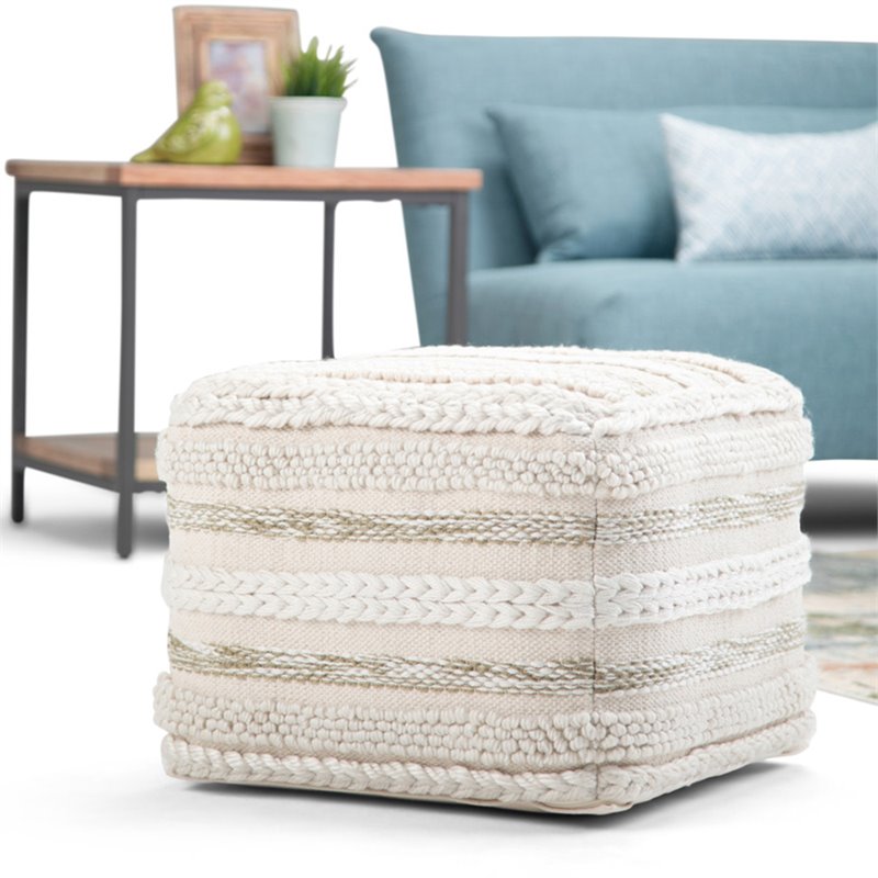 Pemberly Row Boho Square Pouf in Natural Handloom Woven Pattern