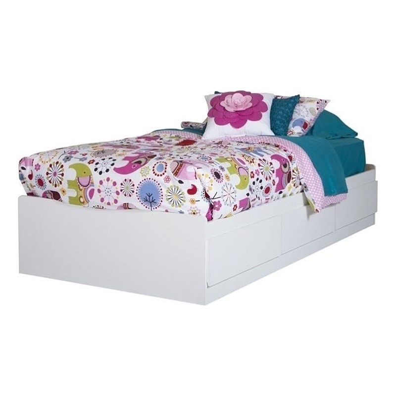 Pemberly Row Contemporary Wood Twin Mates Bed with 3 Drawers in Pure White