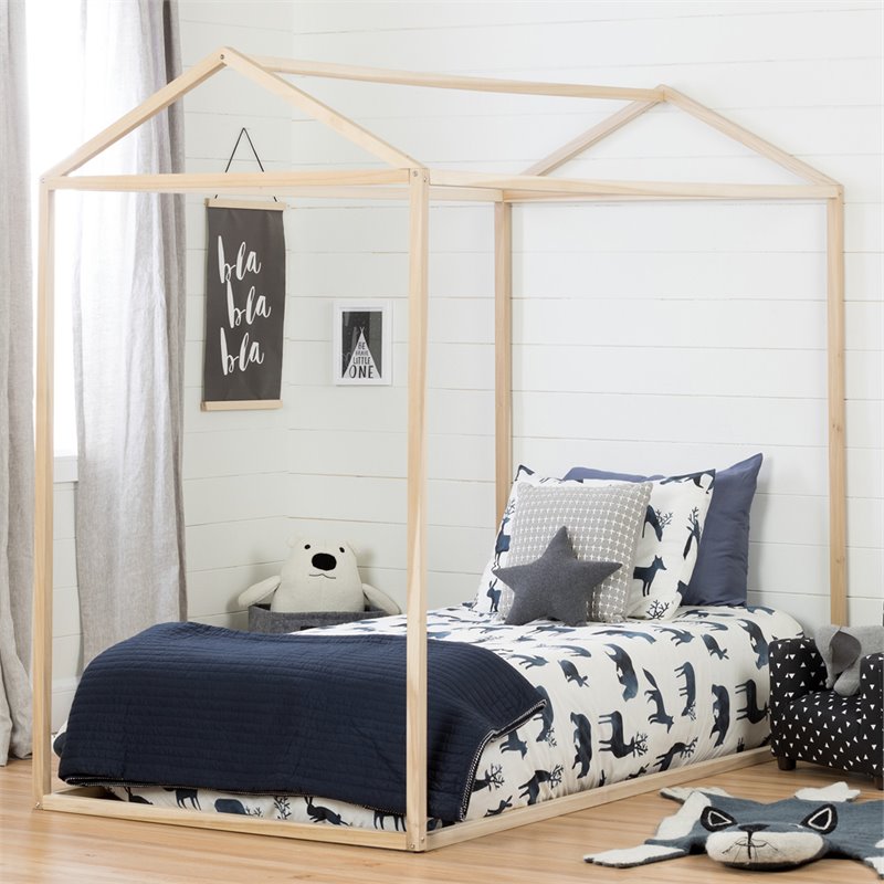 Pemberly Row Twin Canopy Bed Frame in Natural Poplar