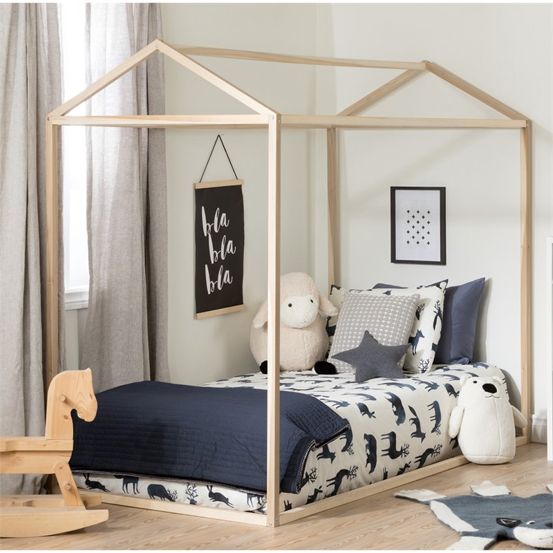 Pemberly Row Twin Canopy Bed Frame in Natural Poplar