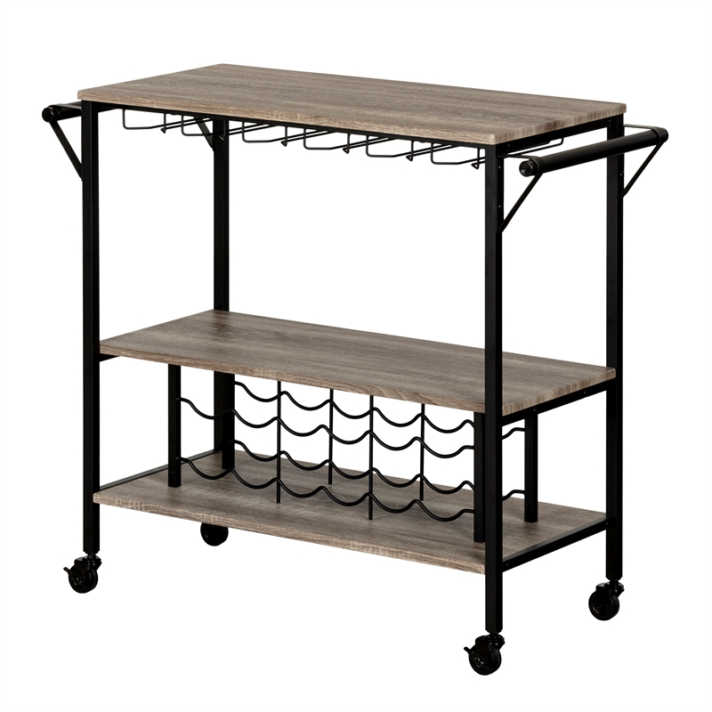 Pemberly Row Contemporary Wood Bar Cart in Weathered Oak