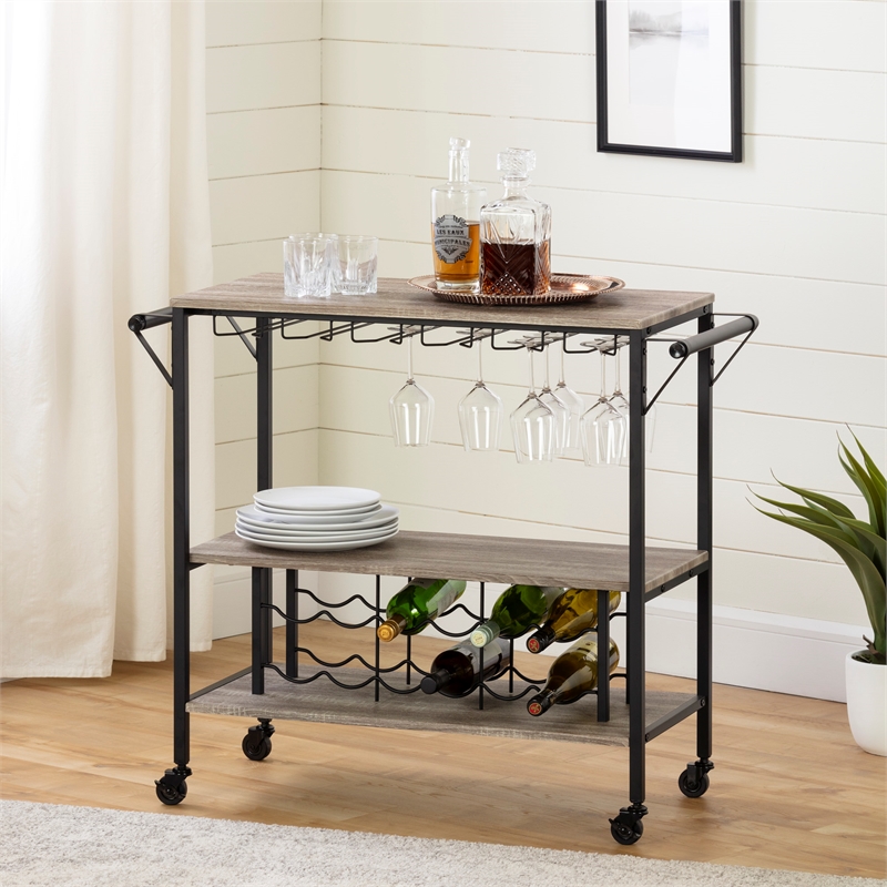 Pemberly Row Contemporary Wood Bar Cart in Weathered Oak