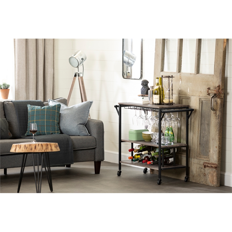 Pemberly Row Contemporary Wood Bar Cart in Weathered Oak