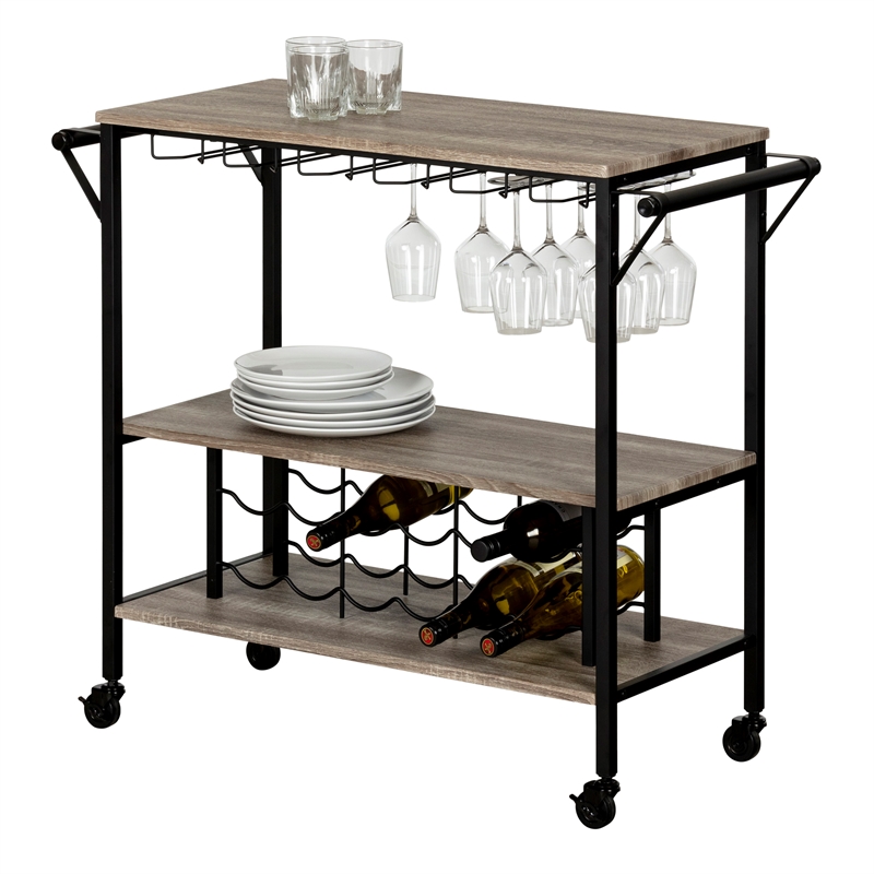Pemberly Row Contemporary Wood Bar Cart in Weathered Oak