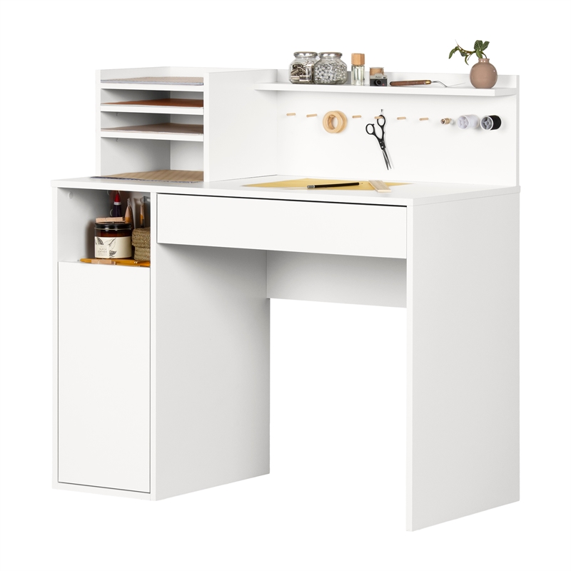 Pemberly Row Contemporary Craft Table with Hutch in Pure White