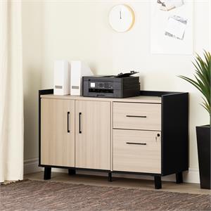 pemberly row contemporary 2-drawer credenza with doors-soft elm and matte black