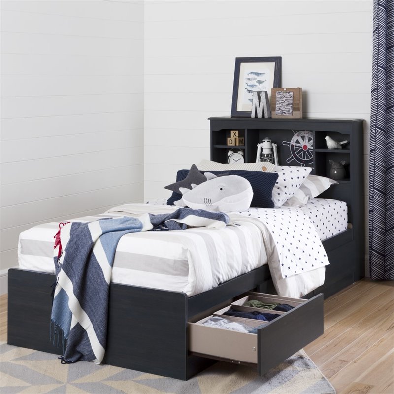 Pemberly Row Transitional Wood Twin Bookcase Headboard in Blue