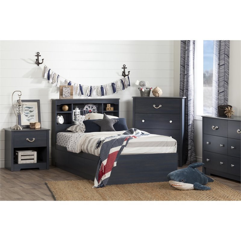 Pemberly Row Transitional Wood Twin Bookcase Headboard in Blue