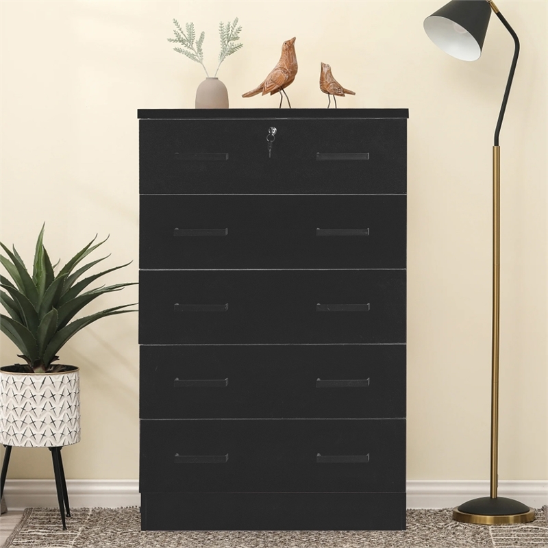 Pemberly Row Contemporary 5-Drawer Engineered Wood Chest with Lock in Black