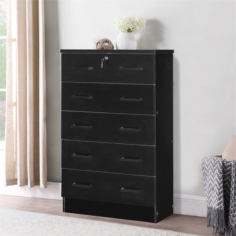 Pemberly Row Contemporary 5-Drawer Engineered Wood Chest with Lock in Black