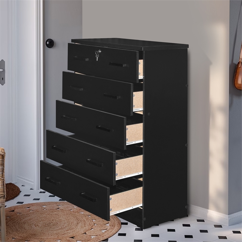 Pemberly Row Contemporary 5-Drawer Engineered Wood Chest with Lock in Black