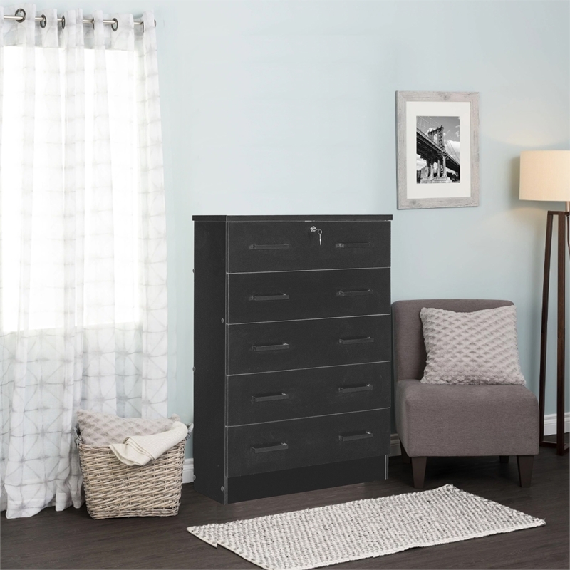 Pemberly Row Contemporary 5-Drawer Engineered Wood Chest with Lock in Black