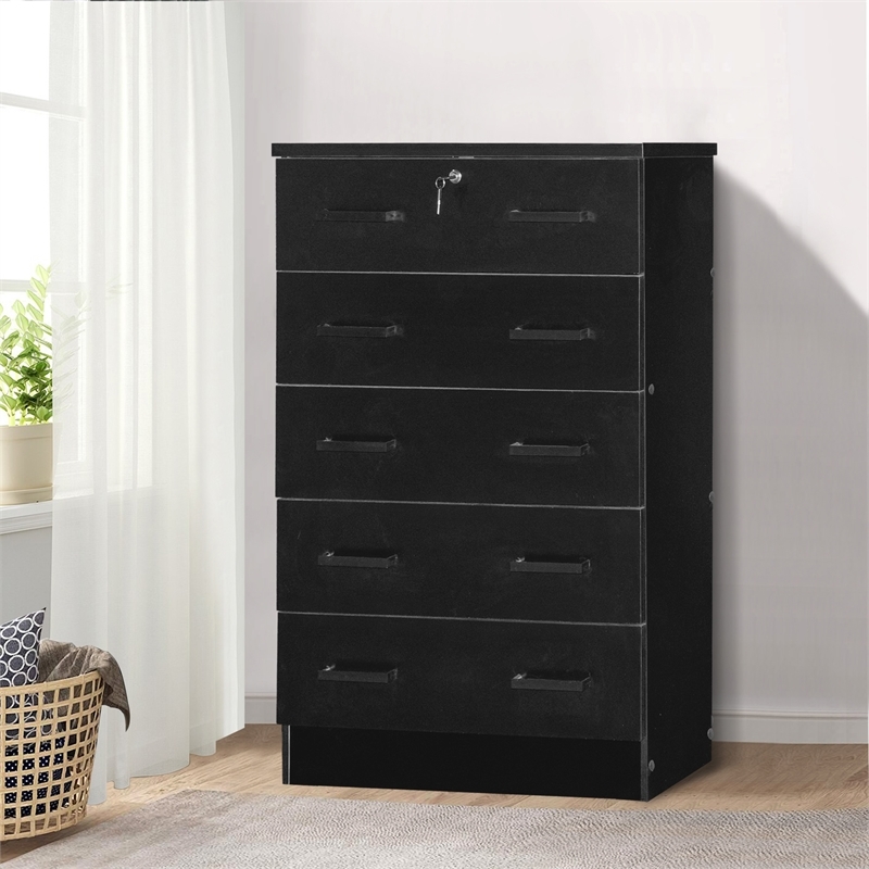 Pemberly Row Contemporary 5-Drawer Engineered Wood Chest with Lock in Black