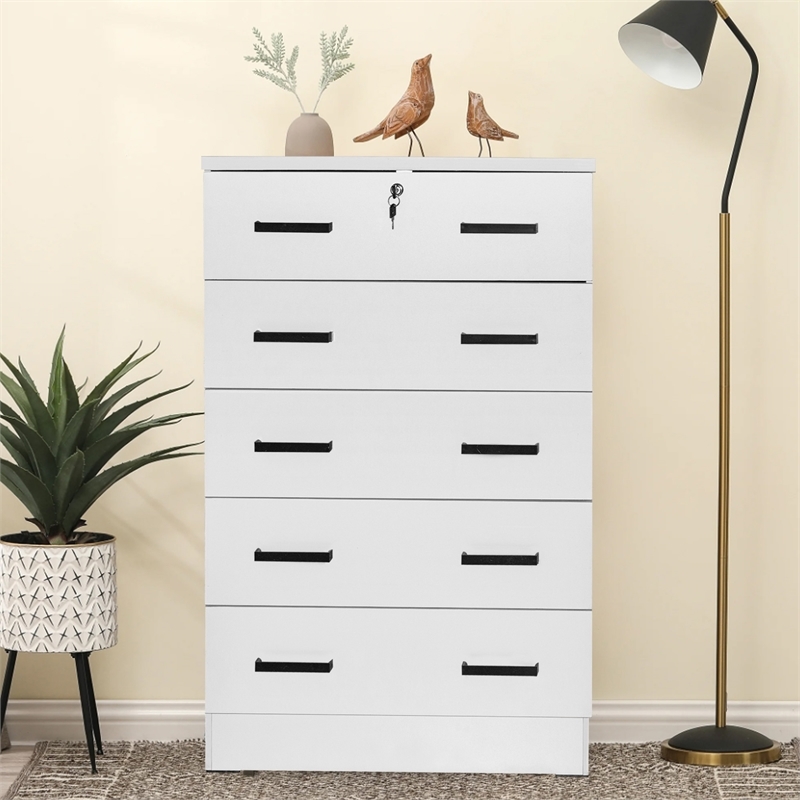Pemberly Row Contemporary 5-Drawer Engineered Wood Chest with Lock in White