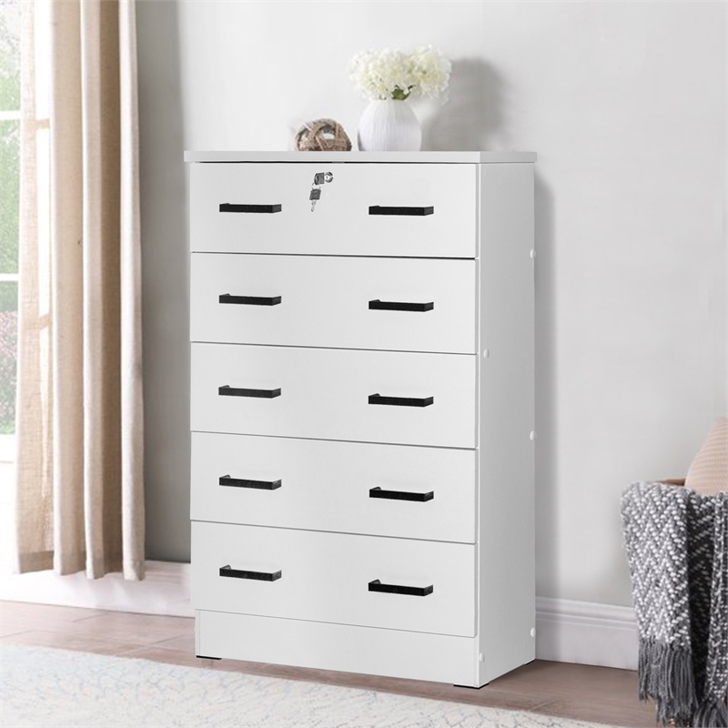 Pemberly Row Contemporary 5-Drawer Engineered Wood Chest with Lock in White