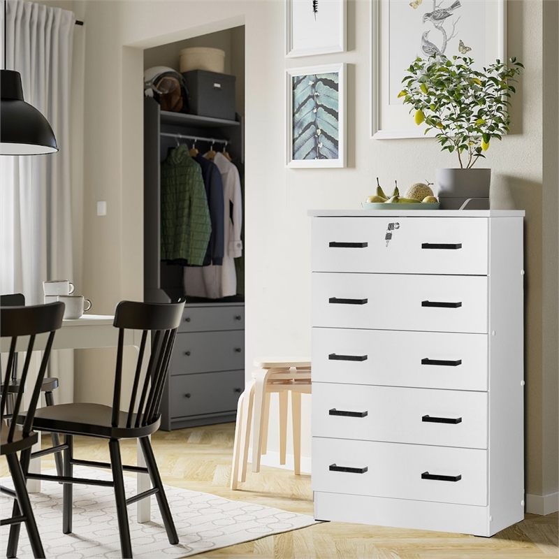 Pemberly Row Contemporary 5-Drawer Engineered Wood Chest with Lock in White